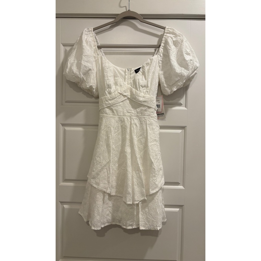 Crystal Doll White Eyelet Mini Dress Puff Sleeve Tiered Ruffle Cotton CNV19881 S